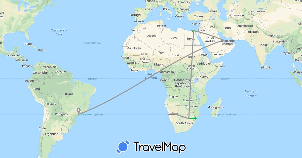 TravelMap itinerary: driving, bus, plane in Brazil, Egypt, Namibia, Qatar, South Africa (Africa, Asia, South America)